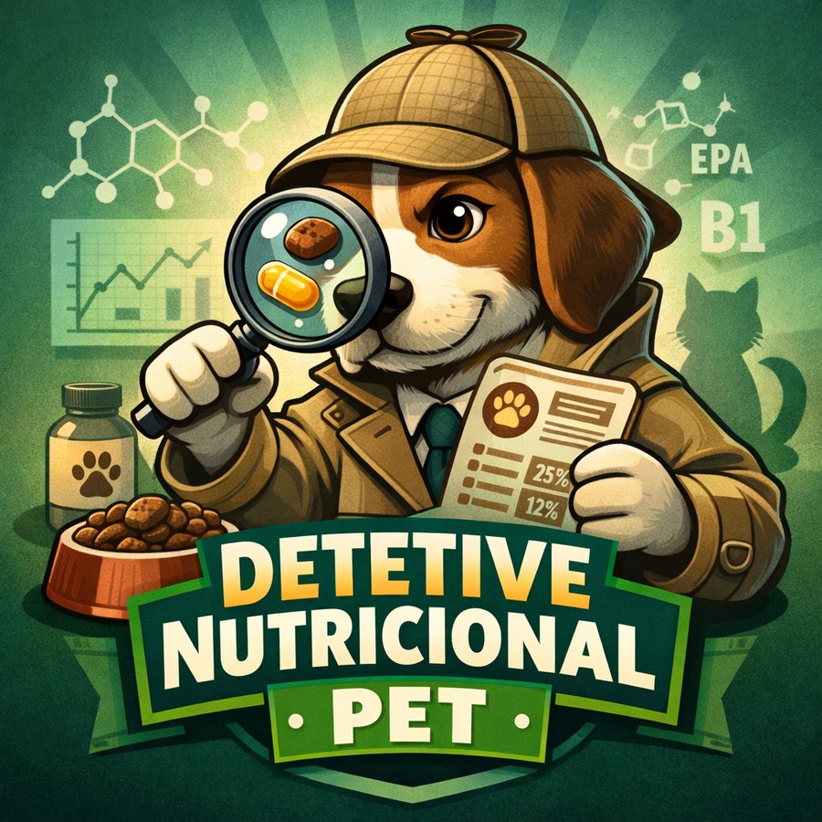 Detetive Nutricional Pet: um cão detetive com lupa examinando um petisco e um rótulo