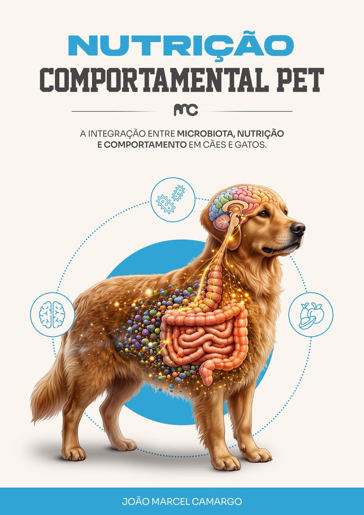Capa do livro Nutrição Comportamental Pet, com um cão e seu intestino e cérebro ilustrados